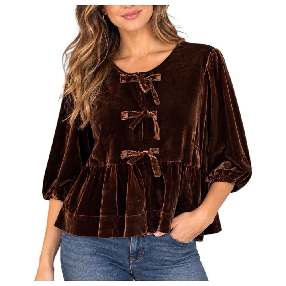 Velvet Heart Women M Chocolate Brown Velvet Tie Front Babydoll Blouse Top NWT